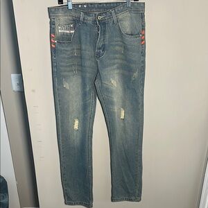 Dant Bulun New Men's Blue with Red Accents distressed jeans